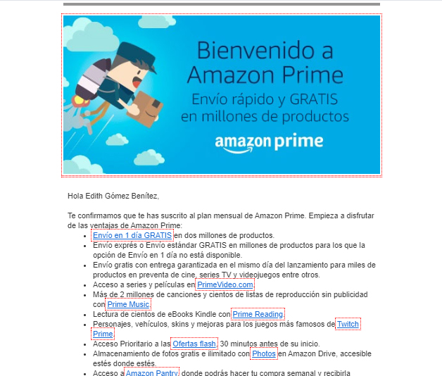 ejemplo email de bienvenida Amazon Prime